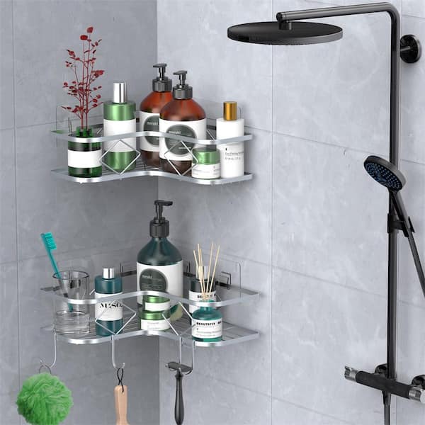 Cubilan Wall Mounted Bathroom Shower Caddies Corner Storage Shelf with 4 Hooks in Black (2-Pack)
