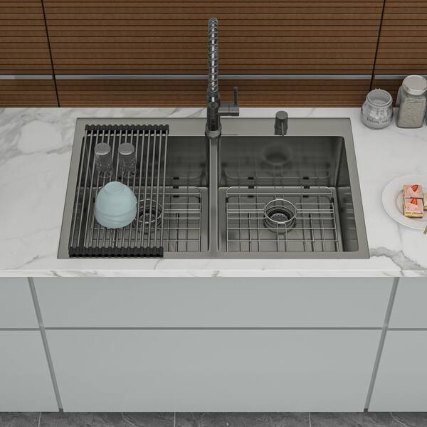 Unbranded 33 in. Drop-In Double Bowl 16 Gauge Gunmetal Black Stainless Steel Kitchen Sink with Bottom Grids