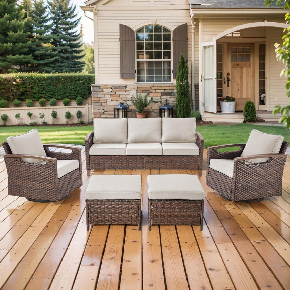 Kelsey Beige 5-Piece Brown Wicker Patio Conversation Seating Sofa Set with Swivel Chairs and Ottomans price history on PriceWatchPro