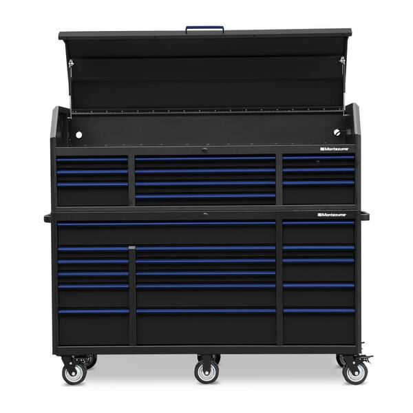 24 in. x 72 in. 26-Drawer Tool Chest and Cabinet Combo with Power and USB Outlets in Black and Blue 24 in. x 72 in. 26-Drawer Tool Chest and Cabinet Combo with Power and USB Outlets in Black and Blue