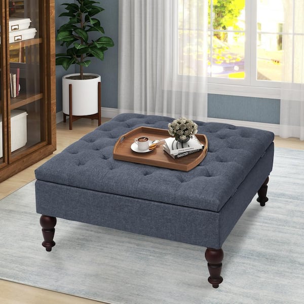 Maypex W33.8 in. x D33.8 in. x H16.9 in. Denim Blue Fabric Upholstered Square Tufted Storage Ottoman with Solid Wood Legs 300379 NV V2