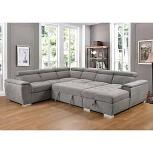125 in. U Shaped 7-seat Polyester Sectional Sofa in. Light Gray with Pull-out Bed, Storage Chaise