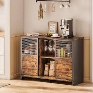 44.1 in. Rustic Brown Wood Buffet Sideboard Pantry Bar Cabinet For Dining with Metal Mesh Doors,Wine Rack and Shelf