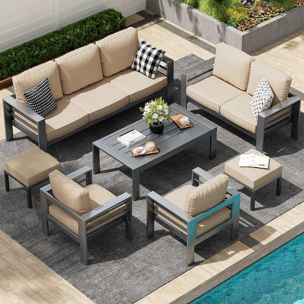 7 Pieces Outdoor Conversation Set, Aluminum Modern Patio Furniture Set with Coffee Table in Beige Cushions