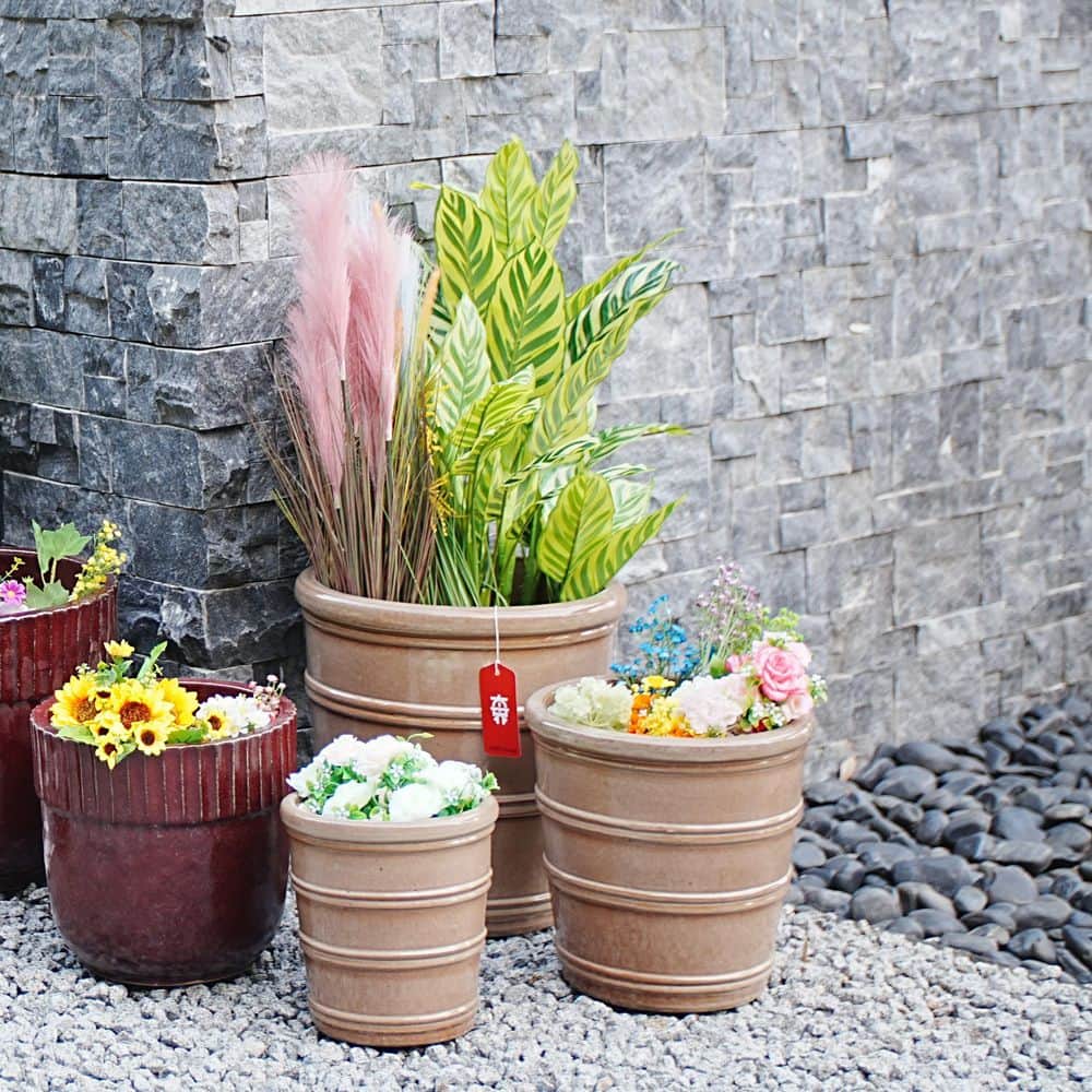 Set of 3 16.2 in. Antique Yellow Ceramic Flowerpot-Round Modern Planter with Drainage Hole, Frost and Weather Resistant price history on PriceWatchPro