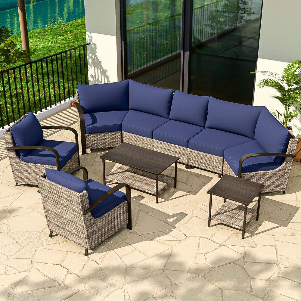 7-Seat Patio Brown Wicker Steel Conversation Set Outdoor Half-Moon Sectional Set with Blue Cushions price history on PriceWatchPro