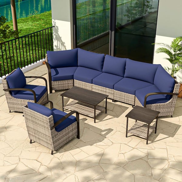 COOS BAY 7-Seat Patio Brown Wicker Steel Conversation Set Outdoor Half-Moon Sectional Set with Blue Cushions