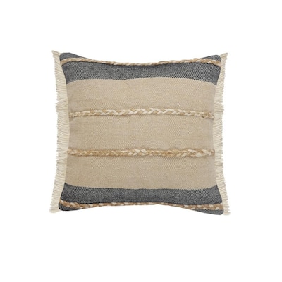 Atlantis Black / Taupe Striped Jute Braiding Fringed Poly-fill 20 in. x 20 in. Throw Pillow