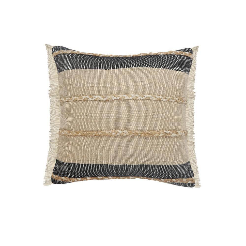Atlantis Black / Taupe Striped Jute Braiding Fringed Poly-fill 20 in. x 20 