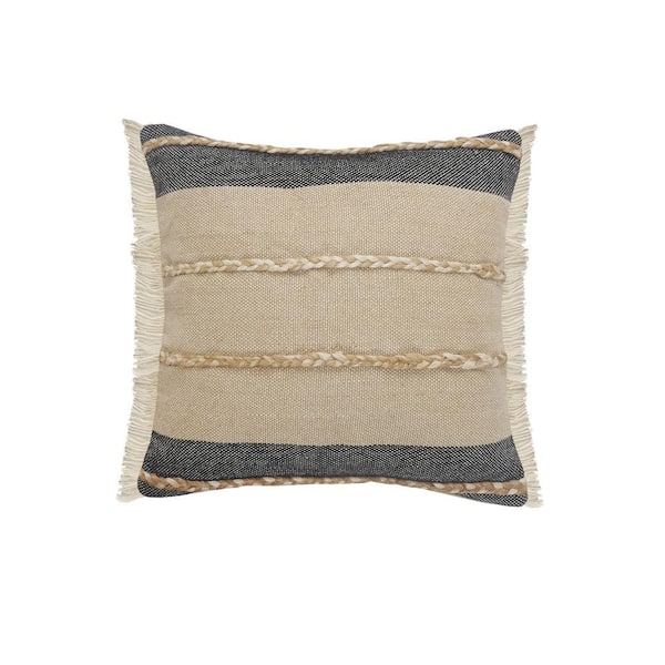 Unbranded Atlantis Black / Taupe Striped Jute Braiding Fringed Poly-fill 24 in. x 24 in. Indoor Throw Pillow