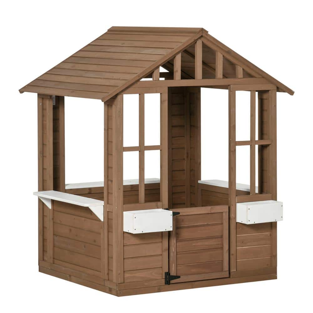 Brown Wood Outdoor Playhouse with Working Door, Windows, Flowers Pot Holder