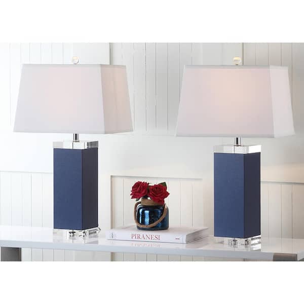 SAFAVIEH Deco Leather 27 in. Navy Table Lamp with White Shade (Set of 2)