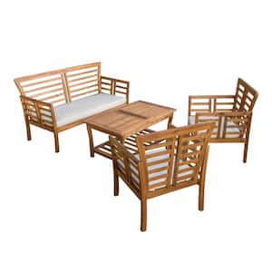 Caydon Brown 4-Piece Wood Patio Conversation Set with Beige Cushions