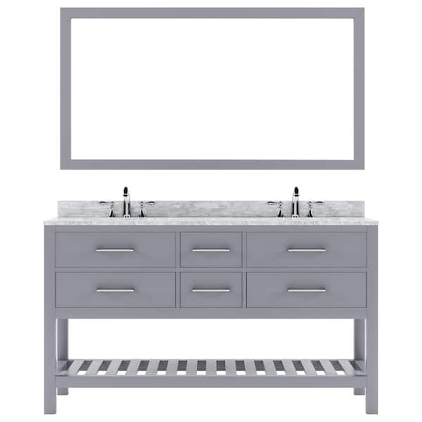 Virtu USA Caroline Estate 60 in. W x 22 in. D x 34 in. H Double Sink Bath Vanity in Gray with Marble Top and Mirror
