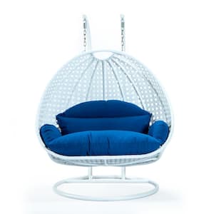 White Wicker Hanging 2-Person Egg Swing Chair Porch Swing With Blue Cushions