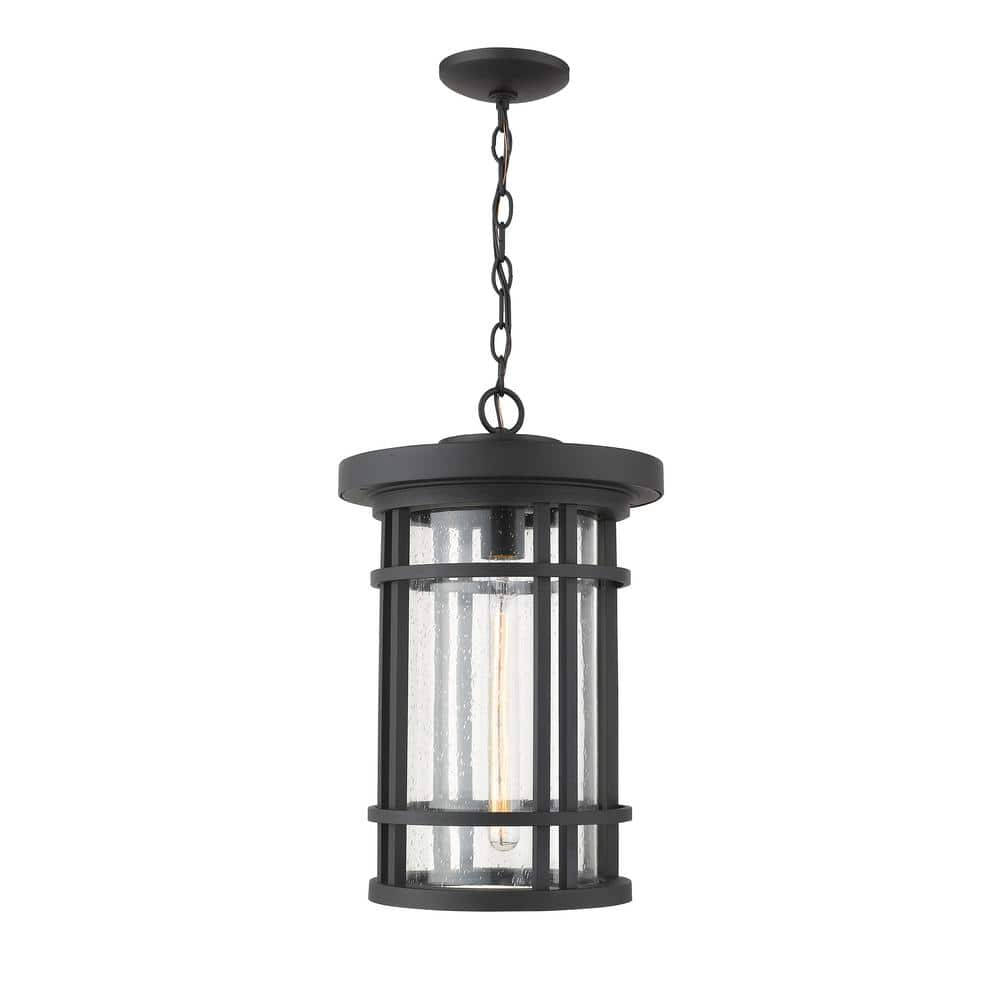 1-Light Black Outdoor Pendant Light with Clear Seedy Glass Shade