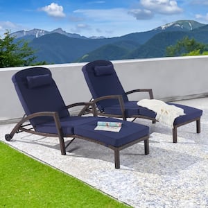 2-Piece Patio Outdoor Wicker Cushioned Lounge, with Height Adjustable Backrest and Wheels, Navy Blue Cushion
