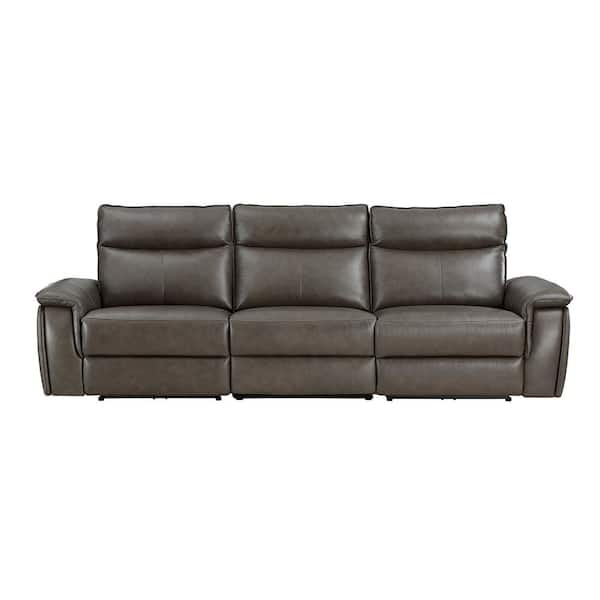 Lazzara Verkin 110 in. W Straight Arm Leather Rectangle Power Double Reclining Sofa with Power Headrests in Dark Brown