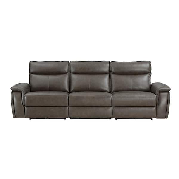 Unbranded Verkin 110 in. W Straight Arm Leather Rectangle Power Double Reclining Sofa with Power Headrests in Dark Brown