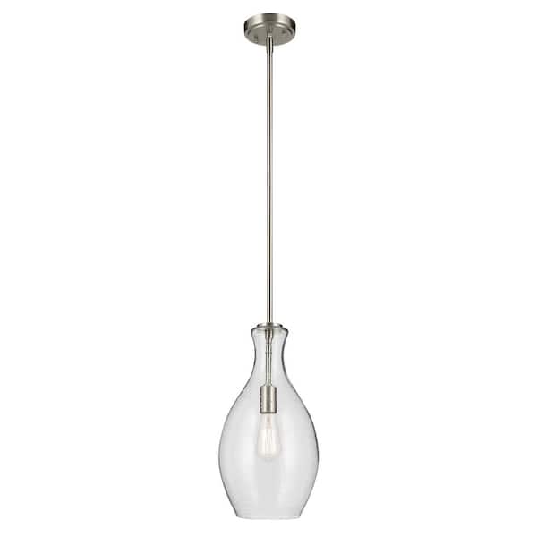 KICHLER Everly 17.75 in. 1-Light Brushed Nickel Modern Shaded Bell Kitchen Hanging Pendant Light with Clear Seeded Glass
