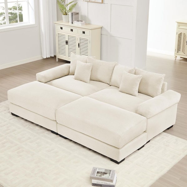 Roland 92 in. Cloud Corduroy Upholstery Modular Rectangle Sectional Sofa in. Beige with 2 Ottomans, Throw Pillows, Cream
