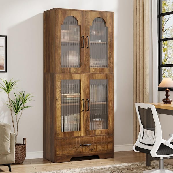 BYBLIGHT Eulas 72.05 in. Tall Brown Engineered Wood 4-Shelf Standard Bookcase Bookshelf Cabinet with Door and Drawer