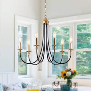 6-Light Black and Gold Mid-Century Candlestick Linear Chandelier Lighting for Kitchen Island with No Bulbs Included