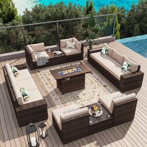 13-Piece Outdoor Rattan Wicker Patio Conversation Set with Fire Pit Table Beige Cushions