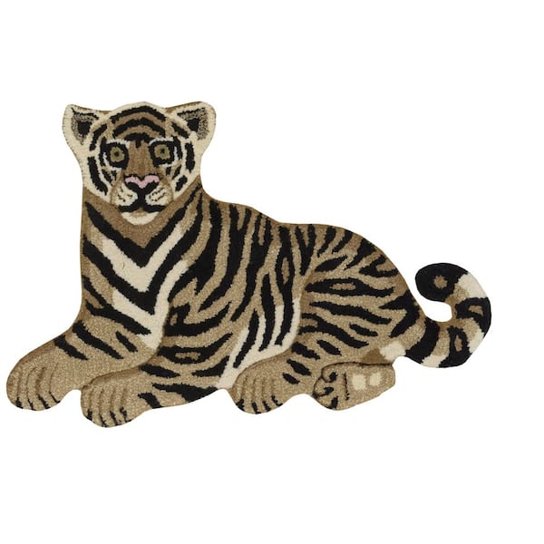 Jungle Sitting Tiger Gold and Black 2 ft. x 3 ft. Modern Tufted Animal Print Wool Specialty Indoor Accent Area Rug