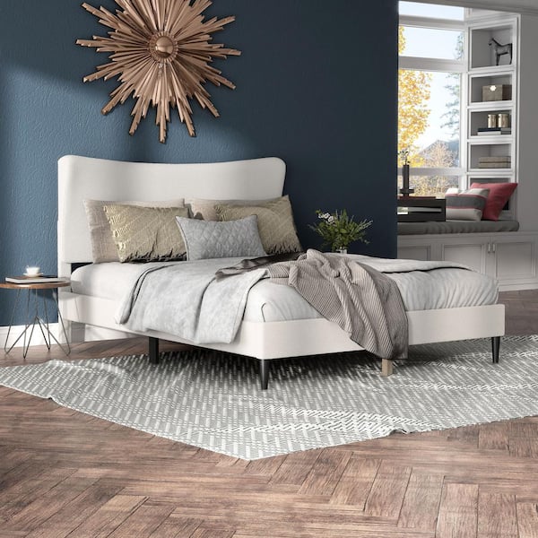 Lumi White Wingback Boucle Fabric Upholstered Wood Frame Queen Platform Bed