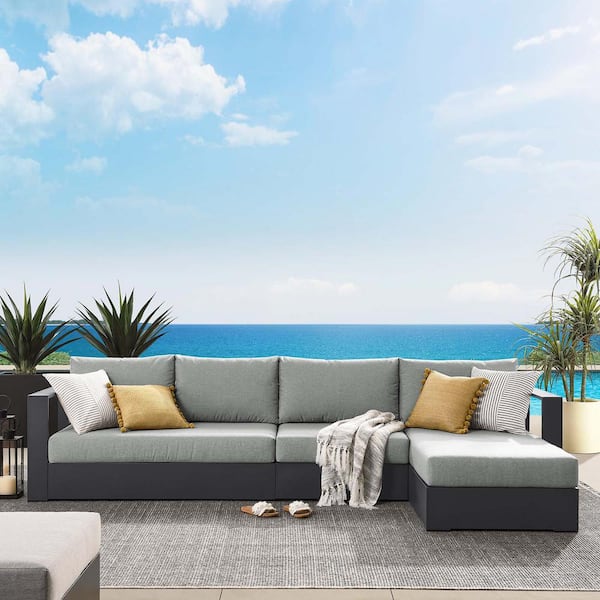 Tahoe Outdoor Patio Powder-Coated Aluminum 3-Piece Right-Facing Chaise Sectional Sofa Set in Gray Gray