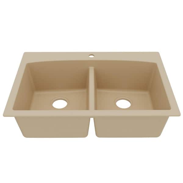 Quartz Granite Composite 33 in. Drop-in Top Mount 50/50 Double Bowl Kitchen Sink in Bisque