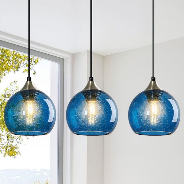 Home Lighting 60-Watt E26 Bulb 1 Light Modern Blue Glass Globe Pendant Light Fixtures for Kitchen Island(5.9 in. 3-Pack)