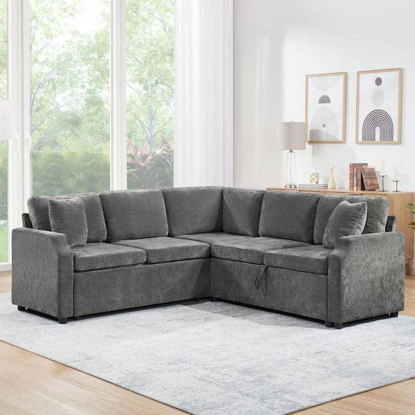 Gray 81.9 x 81.9 in. L-shaped Chenille Queen Size Sectional Sofa Bed with a Sofa Sleeper and Hidden Storage Compartment