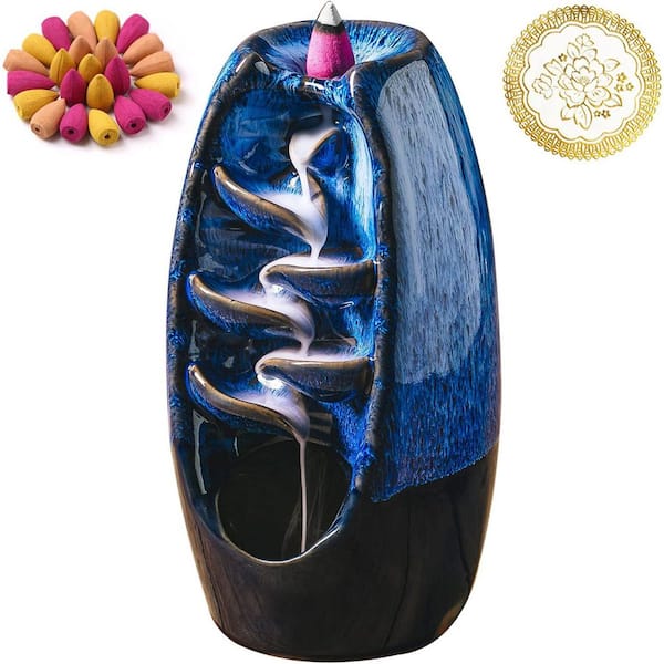 Afoxsos Blue Ceramic Waterfall Backflow Incense Burner with 100 Cones, Aromatherapy Decor