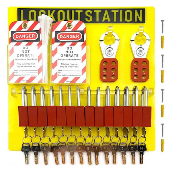 Lockout Tagout Station Board Metal Kit Yellow 14 Locks Numbered 1-14 30 Tags 2 Hasps 30 Nylon Cables