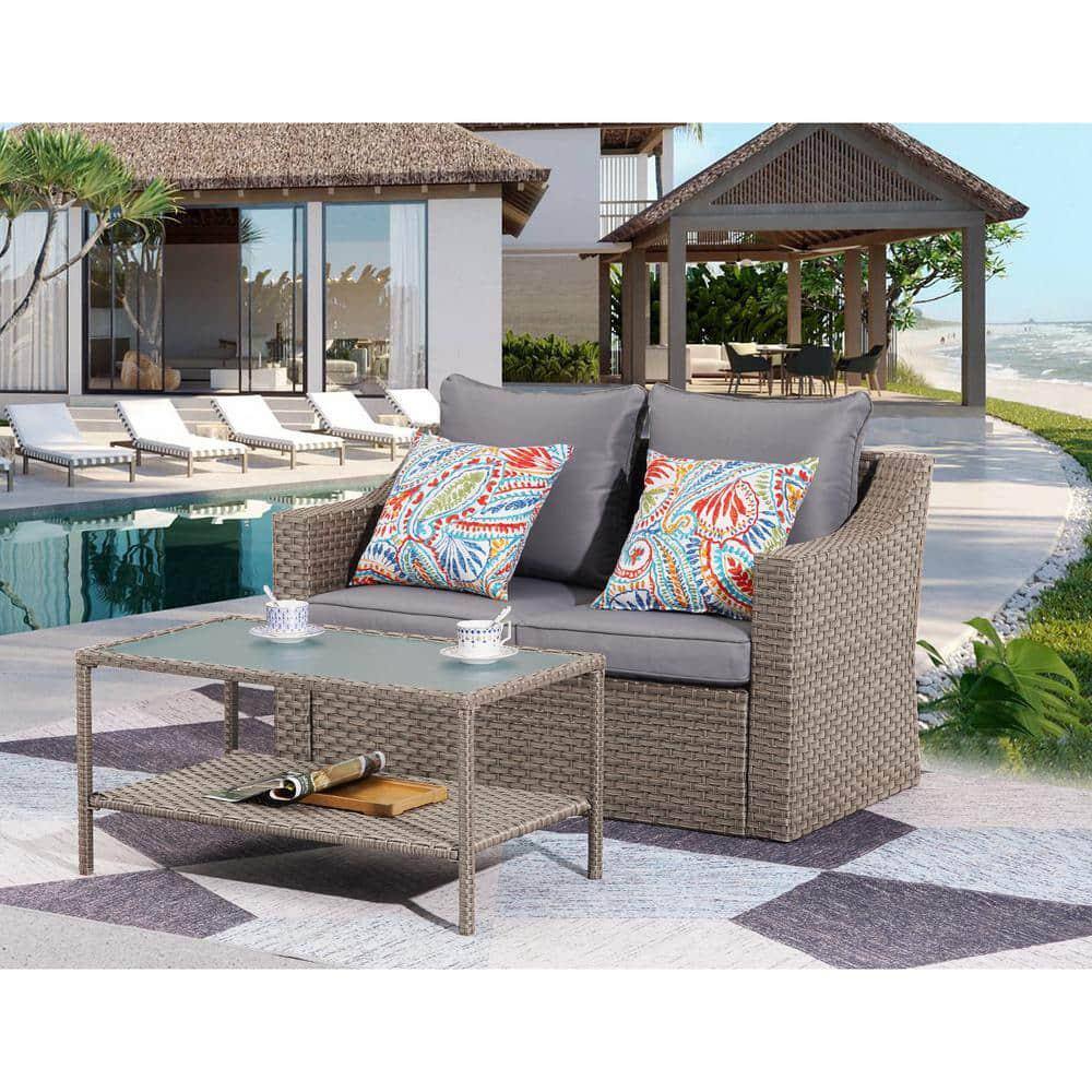 2-Pieces Brown Wicker Patio Conversation Set with Dark Gray Cushions and Co