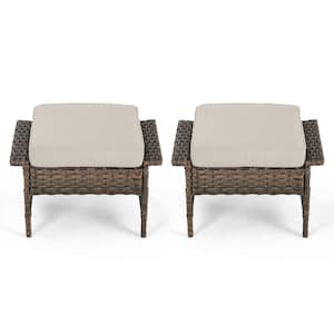 Seagull Series 2-Pack Wicker Outdoor Ottoman Steel Frame Footstool with Removable Beige Cushions