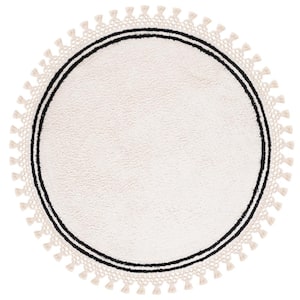 Easy Care Ivory 4 ft. x 4 ft. Machine Washable Border Solid Color Round Area Rug