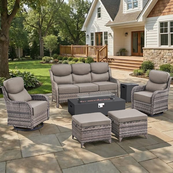 MoonLuxe Gray Wicker Fire Pit Conversation Set with Gray Olefin 6 in. Thick Cushions Patio Swivel Chairs (7-Piece)