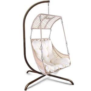 1-Person Brown Metal Patio Swing Egg Chair with Cup Holder and White Cushion