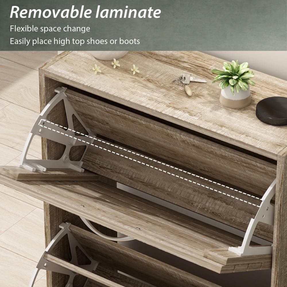 Natural Wood Shoe Storage Cabinet with Louver Doors and Flip Drawers