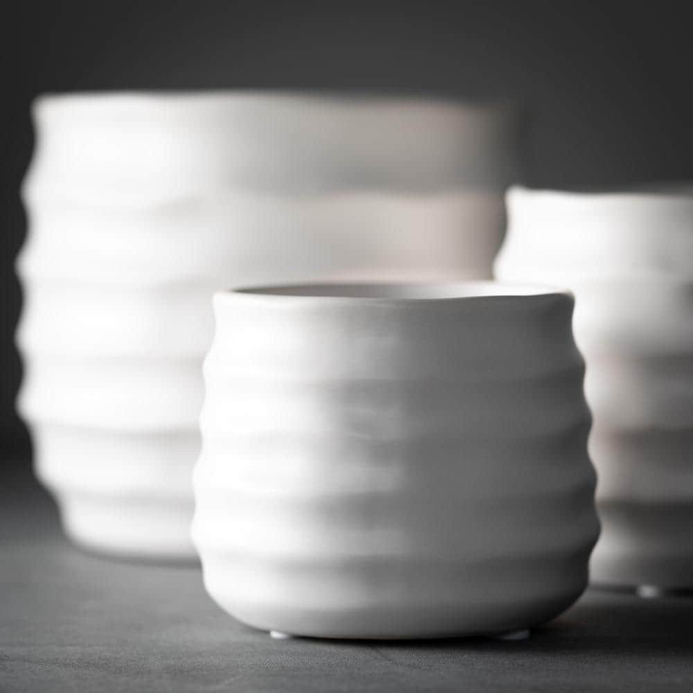 Matte Ivory Ribbed Ceramic Round Pots Set of 3