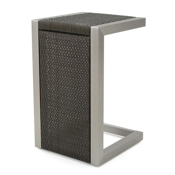 Zeus & Ruta 24 in. Brown Wicker and Metal C-Shaped Outdoor Patio Side Table for Outdoors, Garden, Lawn, Backyard