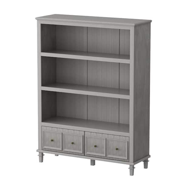 FUFU&GAGA 47.2 in. W x 63 in. H, Wood Grain Gray, 3-Tier Open Shelves, Standard Bookcase with 2 Drawers for Storage