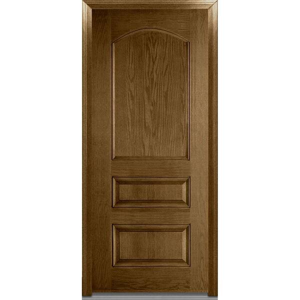 MMI Door 36 in. x 80 in. Severe Weather Right-Hand Outswing 3-Panel Archtop Stained Fiberglass Oak Prehung Front Door