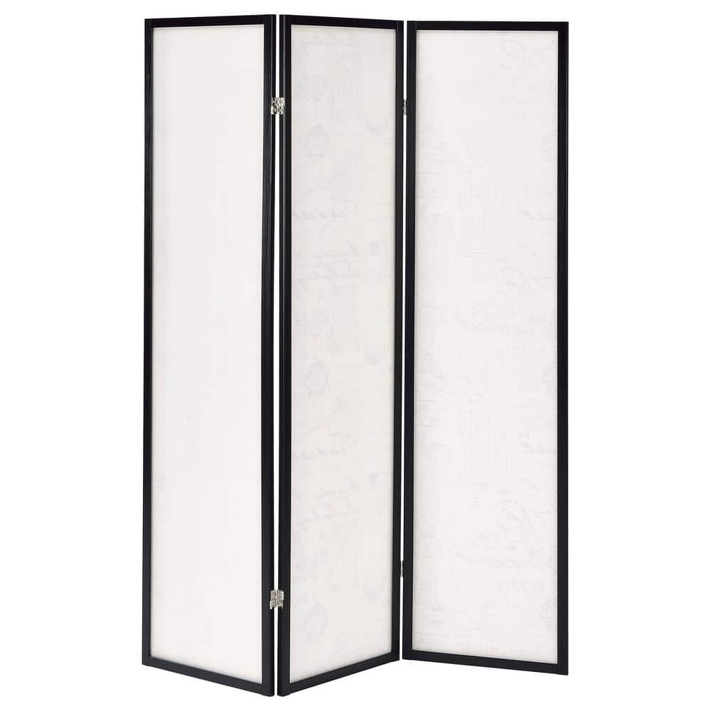 Transitional Black and Cream French Script 3-Panel Folding Screen