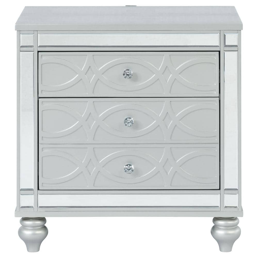 Silver Metallic 2-Drawer Nightstand with Crystal Knobs