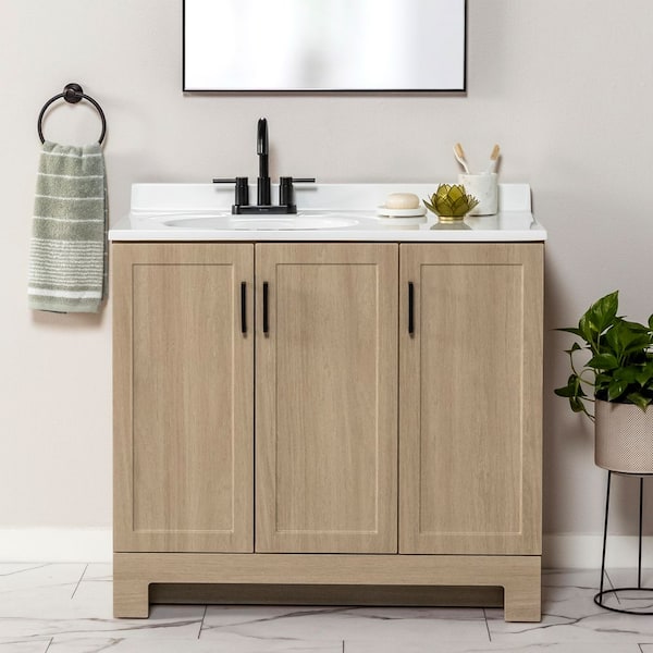 Oakley 37 in. Single Sink Beige Oak Bath Vanity with White Cultured Marble Top (Assembled)