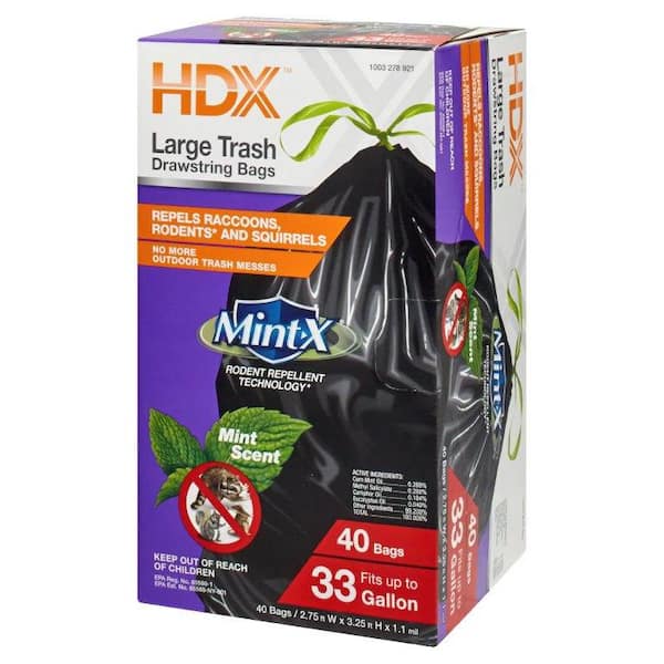 Mint-X Plastic 33 Gallon Drawstring Rodent Repellent Trash Bag, 1.1 Mil,  Flat Seal, 39 Height x 33 Length, Black (Pack of 90)